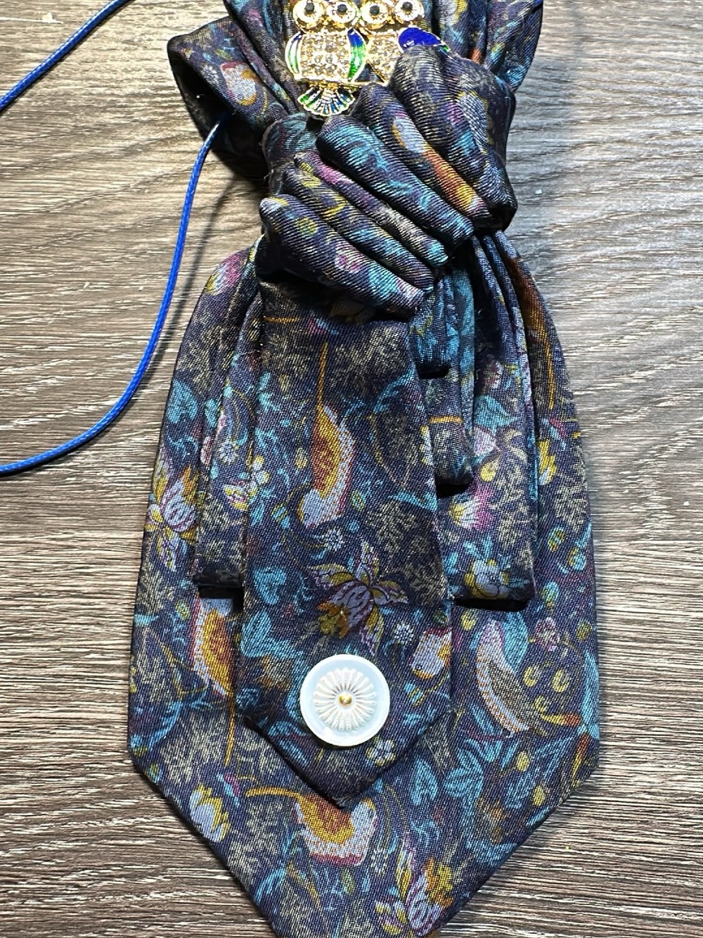 Floral Pattern Necklace Tie in Blue and Brown with Owl Brooch